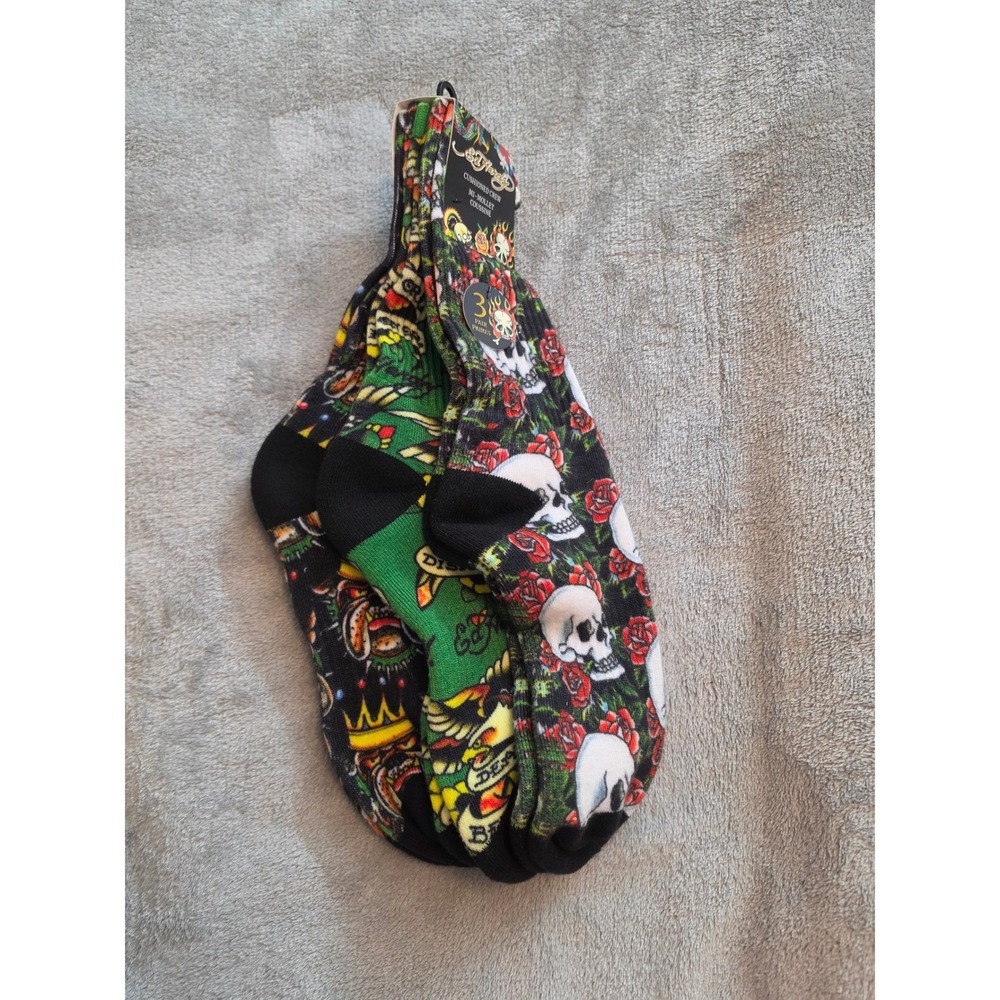 Ed Hardy Mens 3 Pack Cushioned Crew Socks Skulls Roses Bulldog Tattoo Art Black
